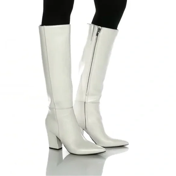 Nine West “Gabal” White Leather Tall Block Heel Pointy Toe Boots Size 7 NEW - Picture 4 of 16